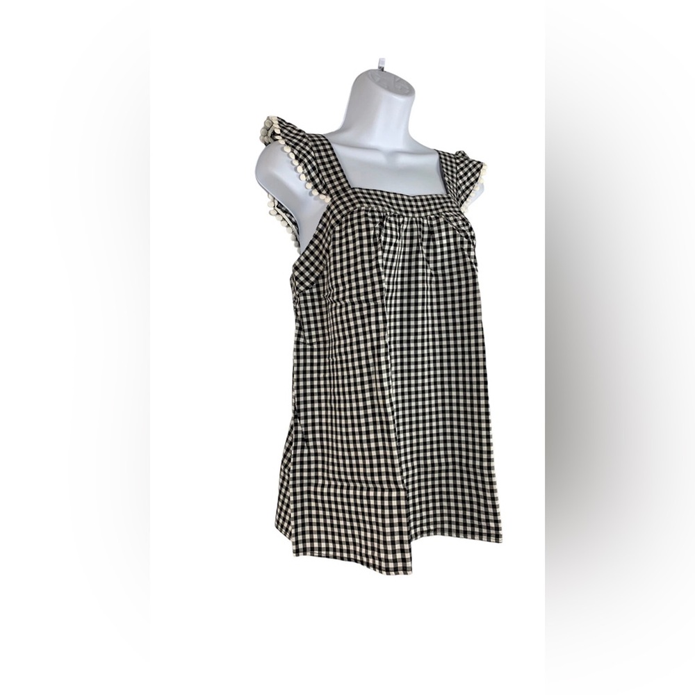 NWT Elle Black & White Gingham Babydoll Tank Top with Pom-Trim Straps Size Small